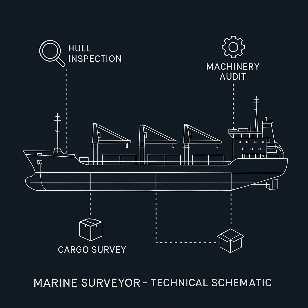 Technical schematic illustration of a marine surveyor inspecting a vessel including hull inspection, machinery audit, and cargo survey points